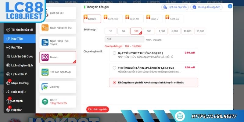 Cách nạp tiền vào LC88 bằng ví điện tử
